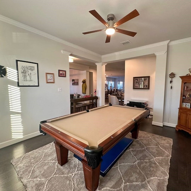 rec room with baseboards, billiards, ornamental molding, and dark wood-style flooring