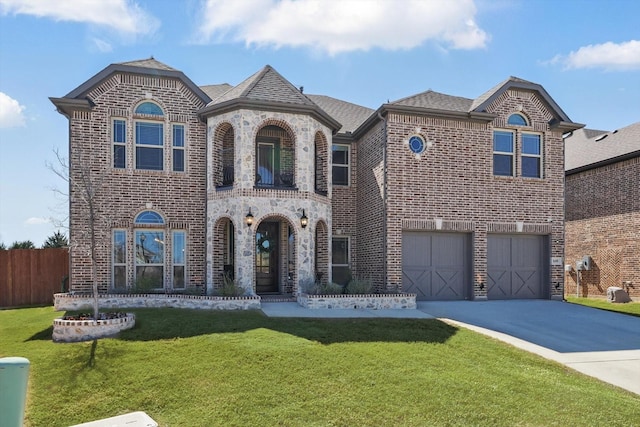 french country style house with brick siding, a front lawn, fence, concrete driveway, and an attached garage