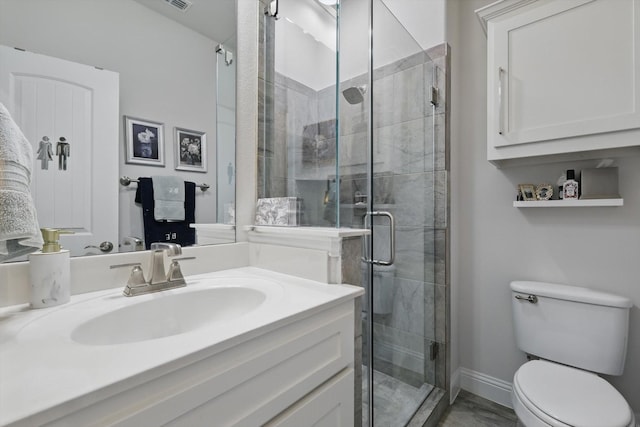 full bath with vanity, visible vents, baseboards, a stall shower, and toilet