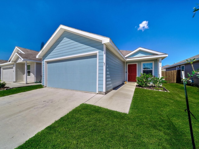 single story home featuring an attached garage, fence, concrete driveway, and a front yard