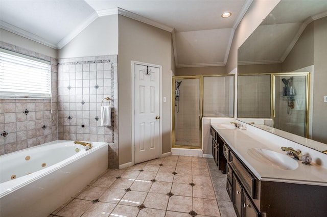 full bath featuring lofted ceiling, tile patterned flooring, ornamental molding, and a sink