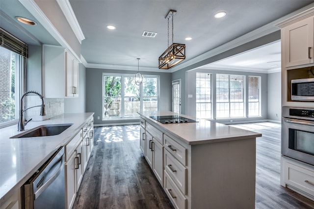 kitchen with appliances with stainless steel finishes, dark wood-style flooring, a sink, and ornamental molding