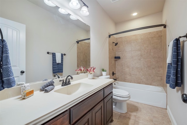 bathroom featuring tile patterned flooring, toilet, visible vents, vanity, and bathing tub / shower combination