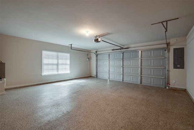 garage with baseboards, electric panel, and a garage door opener