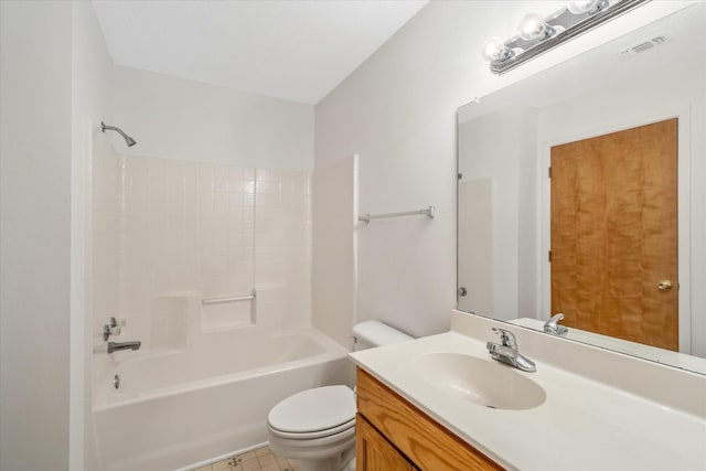 bathroom with toilet,  shower combination, vanity, and visible vents