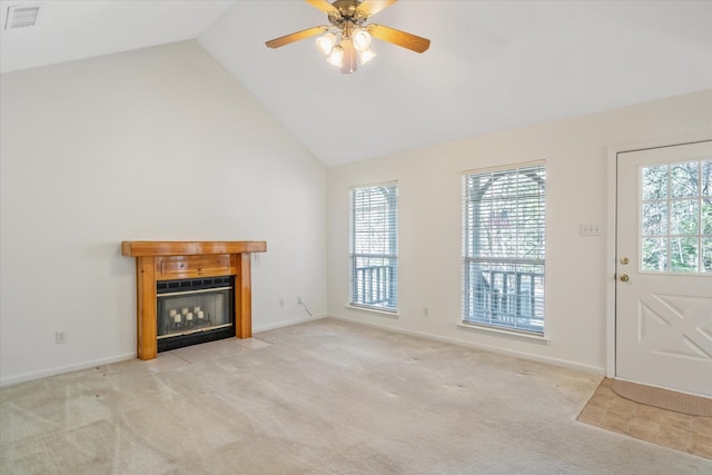 2682 Holly Trl E, Holly Lake Ranch, TX 75765 - unfurnished living room with light colored carpet, a fireplace with flush hearth, ceiling fan, baseboards, and high vaulted ceiling