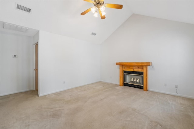 2682 Holly Trl E, Holly Lake Ranch, TX 75765 - unfurnished living room featuring light carpet, a fireplace with flush hearth, ceiling fan, high vaulted ceiling, and baseboards