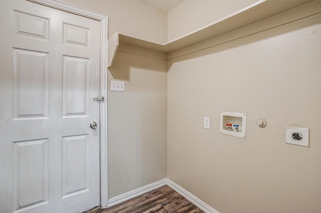 washroom featuring washer hookup, dark wood-style flooring, hookup for an electric dryer, laundry area, and baseboards