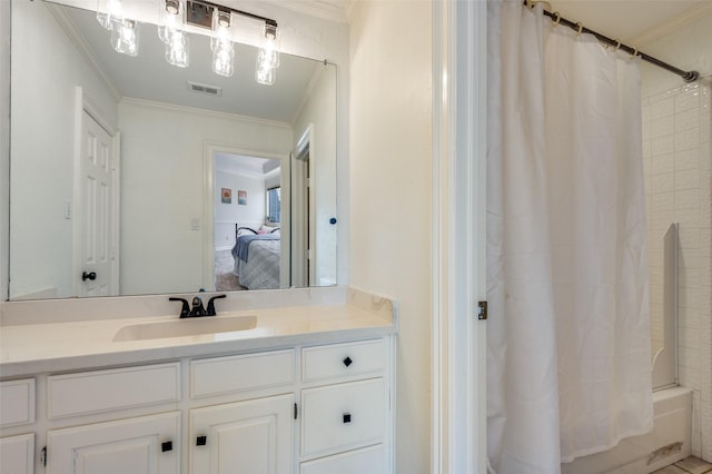 full bathroom with vanity, crown molding, shower / tub combo, and visible vents