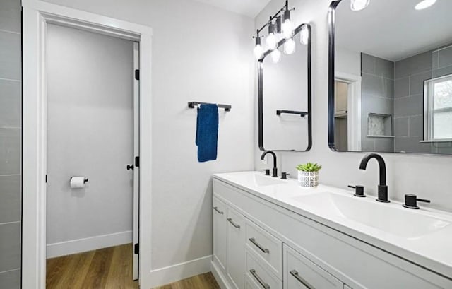 full bath featuring double vanity, baseboards, a sink, and wood finished floors