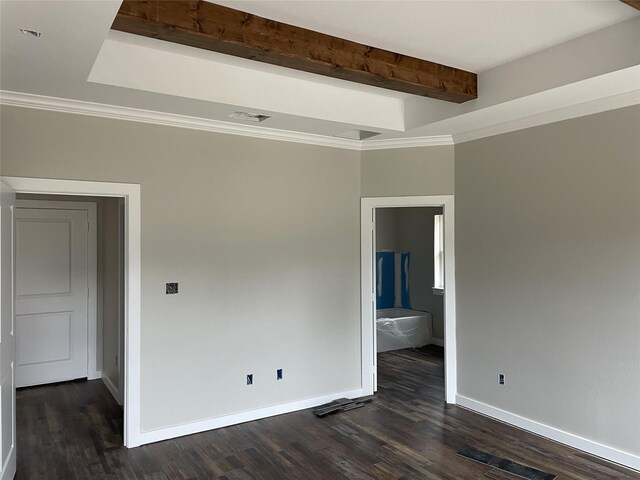empty room with baseboards, dark wood-style floors, beam ceiling, and ornamental molding