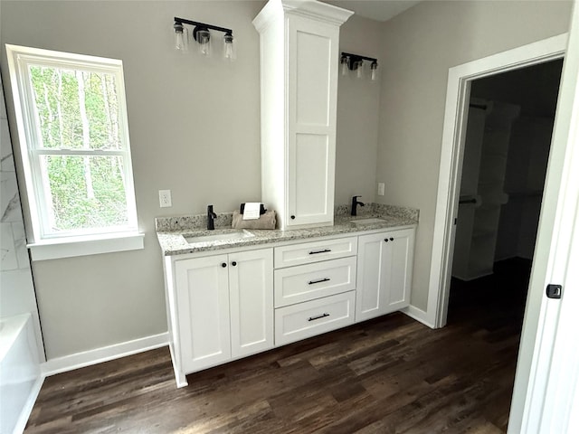 bathroom featuring wood finished floors, baseboards, and a sink