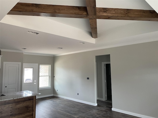 unfurnished living room featuring dark wood-type flooring, baseboards, crown molding, and beamed ceiling
