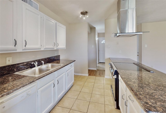 kitchen with range with electric stovetop, a sink, white cabinets, ventilation hood, and dishwasher