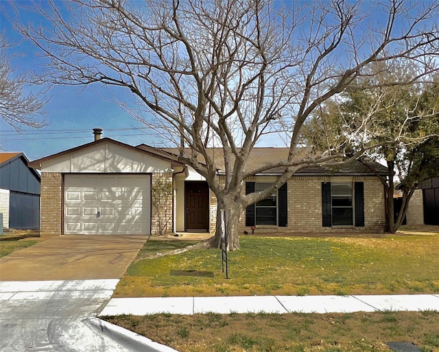 ranch-style home with an attached garage, a front yard, concrete driveway, and brick siding