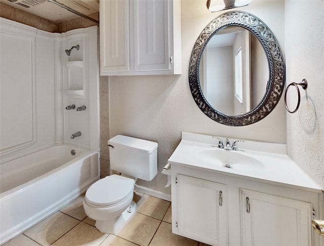 full bathroom featuring bathtub / shower combination, vanity, toilet, and tile patterned floors