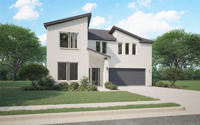 view of front of home with driveway, brick siding, an attached garage, and a front yard