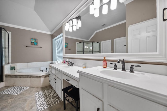 full bathroom with a shower stall, vaulted ceiling, and crown molding