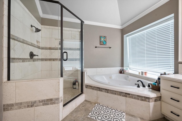 bathroom with a stall shower, crown molding, and a jetted tub