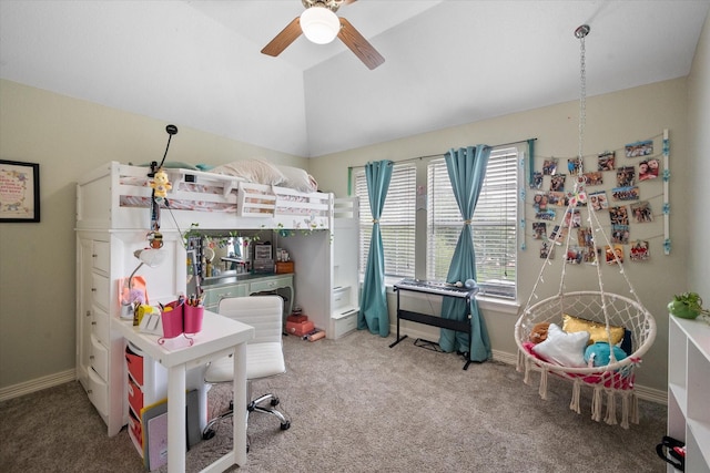 bedroom with carpet floors, vaulted ceiling, baseboards, and a ceiling fan