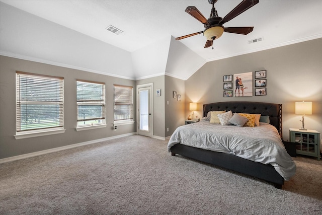 bedroom with lofted ceiling, ornamental molding, and visible vents