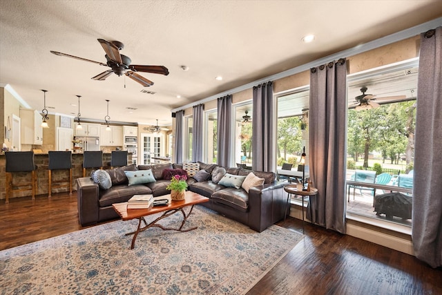 living area featuring a healthy amount of sunlight, ceiling fan, and dark wood-type flooring