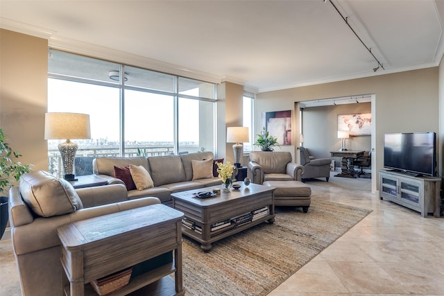 living room with floor to ceiling windows, rail lighting, and ornamental molding