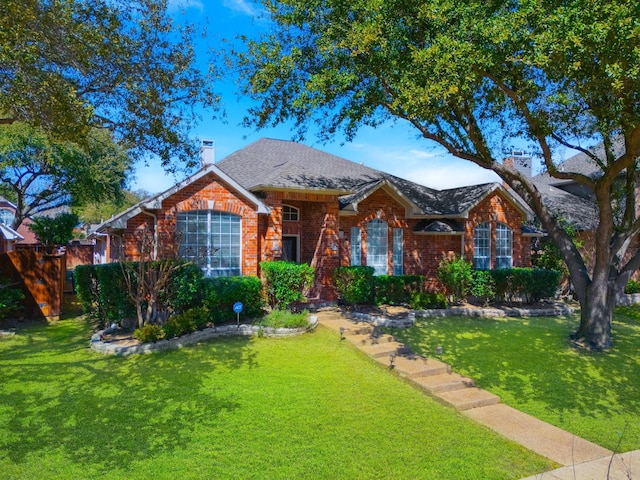 single story home featuring roof with shingles, brick siding, a chimney, and a front yard