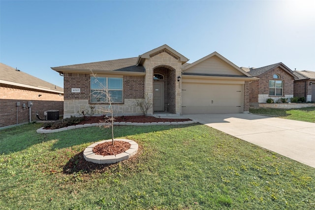 ranch-style house featuring brick siding, concrete driveway, a front yard, a garage, and stone siding