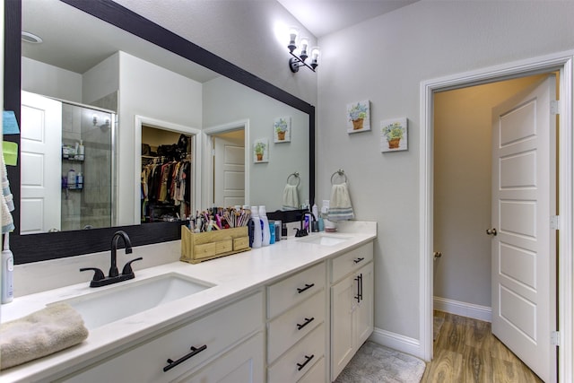 bathroom featuring double vanity, a sink, a walk in closet, and a shower stall