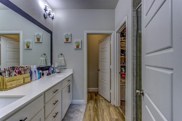 full bath featuring double vanity, baseboards, wood finished floors, a spacious closet, and a sink