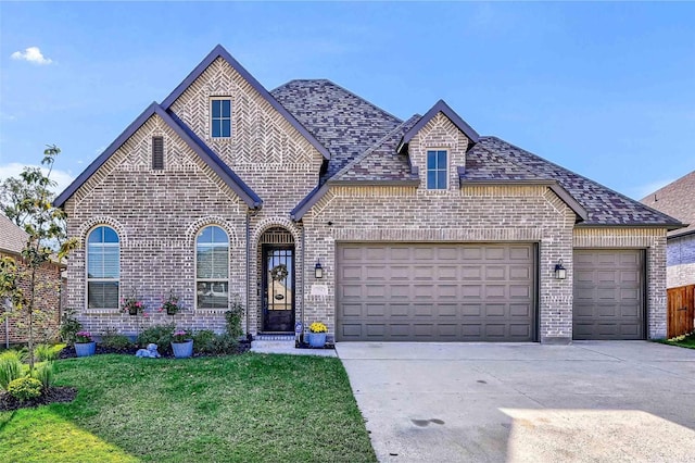 french provincial home featuring driveway, roof with shingles, an attached garage, a front lawn, and brick siding