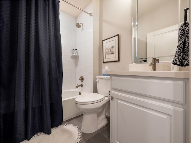 bathroom with tile patterned flooring, shower / tub combo with curtain, vanity, and toilet