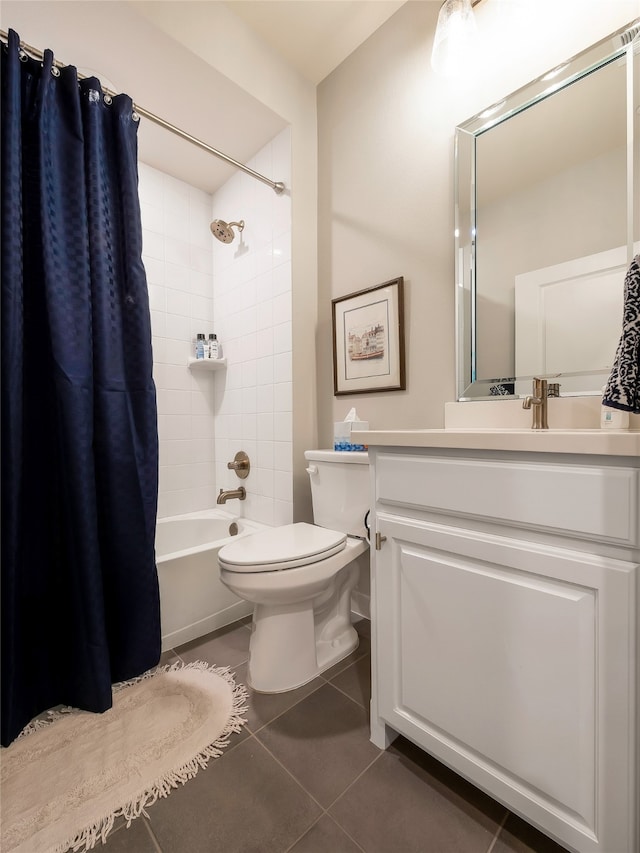 full bathroom with toilet, tile patterned flooring, shower / bath combo, and vanity