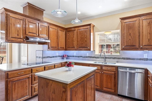 9705 Whitney Ct, Granbury, TX 76049 - kitchen featuring dishwasher, under cabinet range hood, black electric stovetop, a sink, and brown cabinetry
