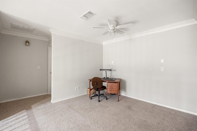 office area featuring crown molding, visible vents, carpet flooring, ceiling fan, and baseboards