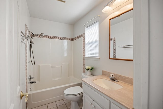 full bathroom featuring shower / washtub combination, vanity, toilet, and tile patterned floors