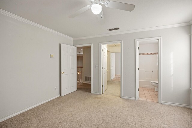 9705 Whitney Ct, Granbury, TX 76049 - unfurnished bedroom featuring light colored carpet, crown molding, baseboards, ensuite bathroom, and a ceiling fan