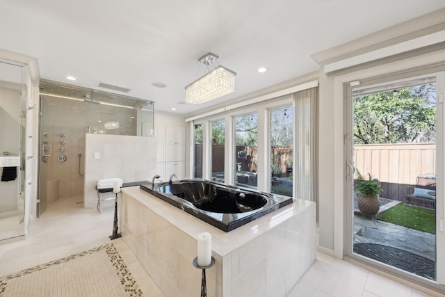 bathroom featuring a garden tub, recessed lighting, visible vents, a shower stall, and tile patterned floors