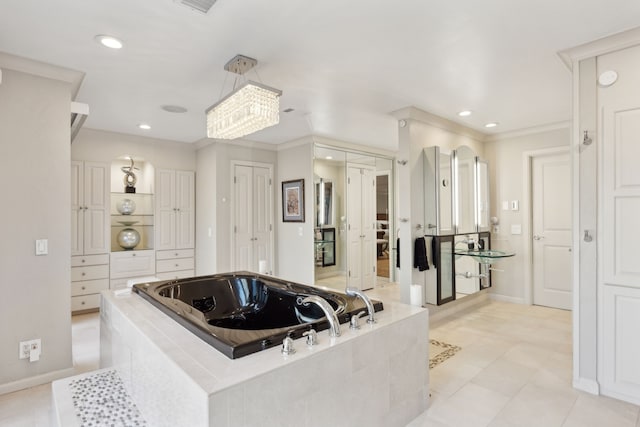 bathroom featuring recessed lighting, baseboards, ornamental molding, a closet, and a bath