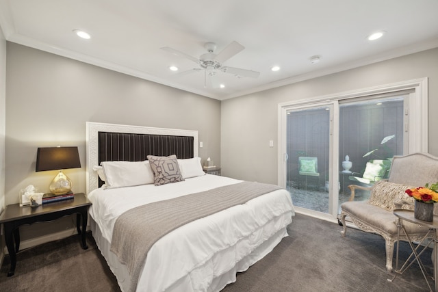 bedroom featuring carpet floors, access to outside, ornamental molding, and recessed lighting