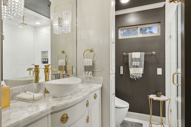 full bathroom with baseboards, toilet, tile patterned flooring, an enclosed shower, and vanity