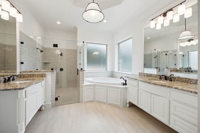 bathroom with ornamental molding, a sink, and a shower stall