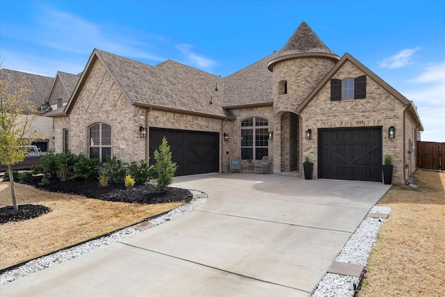 french country home featuring a shingled roof, concrete driveway, brick siding, and fence