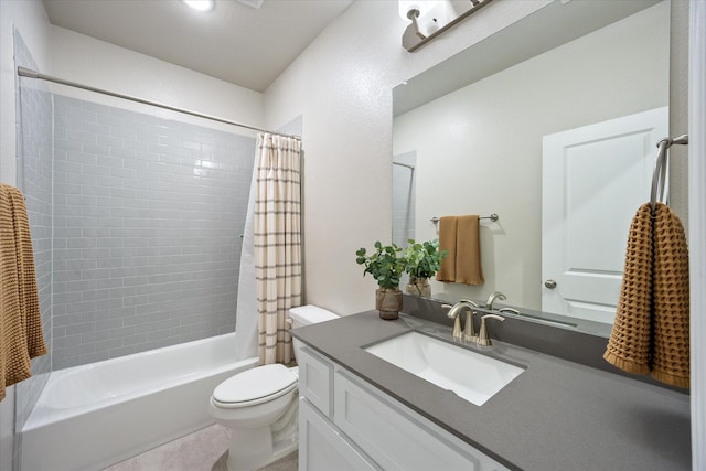 bathroom with toilet, shower / bath combination with curtain, and vanity