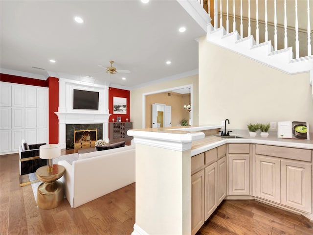 kitchen with crown molding, recessed lighting, a fireplace, and light wood-style flooring