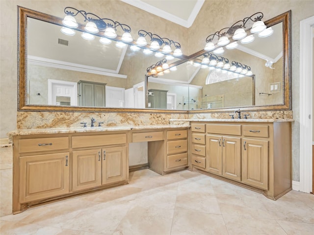 full bathroom featuring lofted ceiling, visible vents, crown molding, and vanity