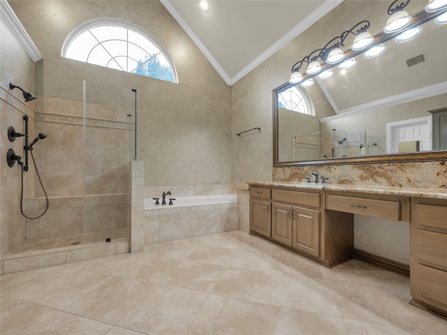 bathroom with a walk in shower, visible vents, crown molding, and a bath