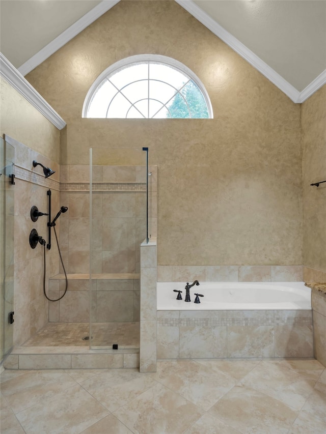 full bathroom with a tile shower, a garden tub, and crown molding