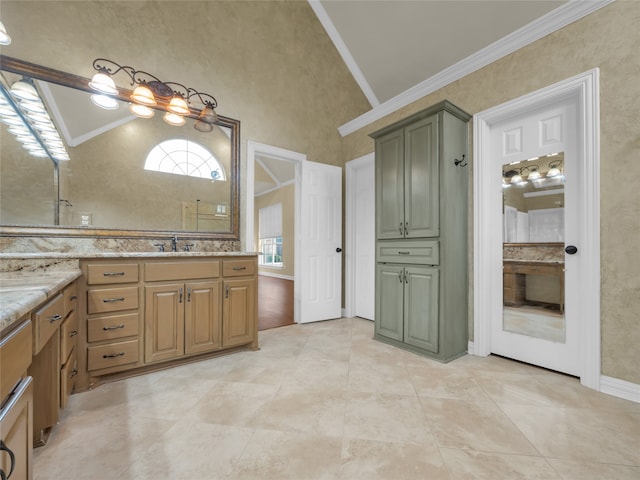 full bath with high vaulted ceiling, tile patterned floors, vanity, and crown molding